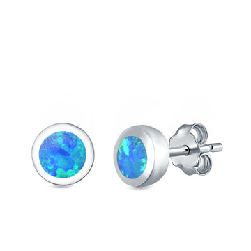 Round Stud Earrings Lab Created Blue Opal 925 Sterling Silver (6mm)